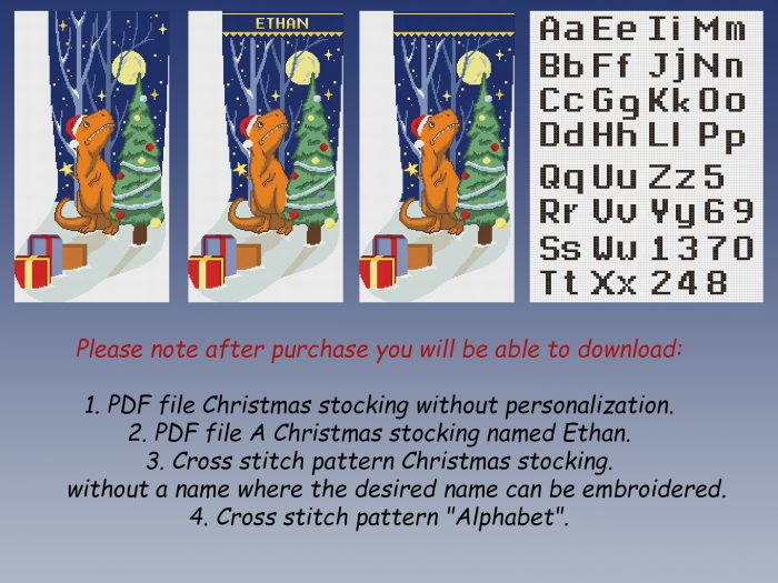 Cross Stitch Pattern PDF, Personalized Christmas Stocking Modern Counted Printable Easy Simple Cute Funny Dinosaur Holiday Stockings Cross Stitch Chart For Beginner DIY, Digital Download
