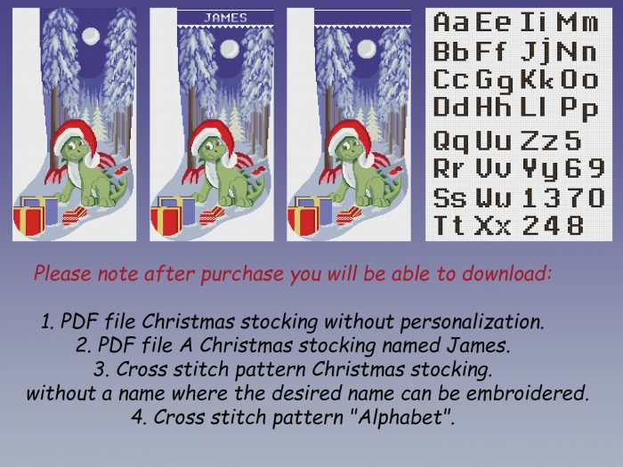 Cross Stitch Pattern Christmas Stocking PDF , Funny Modern Counted Easy Cute Dragon , Cross Stitch for Beginners DIY , Instant Download
