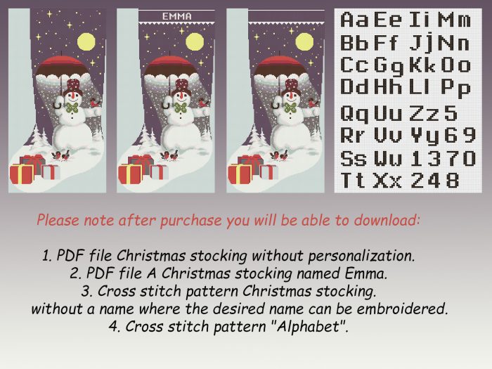 Cross Stitch Christmas Stocking Pattern PDF, Personalized Modern Counted Printable Easy Simple Cute Snowman Moon Stars, Holiday Stockings Cross Stitch Chart For Beginner DIY, Digital Download - Image 2