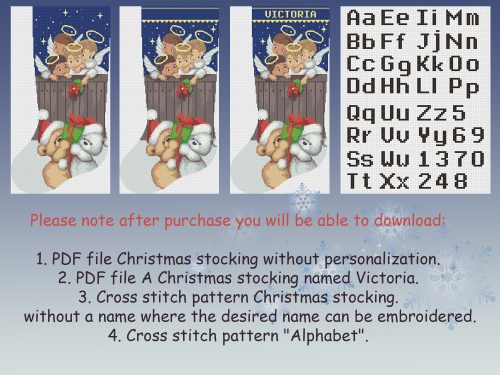 Cross Stitch Pattern Christmas Stocking PDF / Personalized Modern Counted Easy Cute Angel Bear Cross Stitch for Beginner / Digital Download
