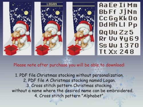 Christmas Stocking Cross Stitch Pattern PDF DIY / Personalized Modern Easy Cute Snowman Bear Cross Stitch for Beginner / Digital Download.
