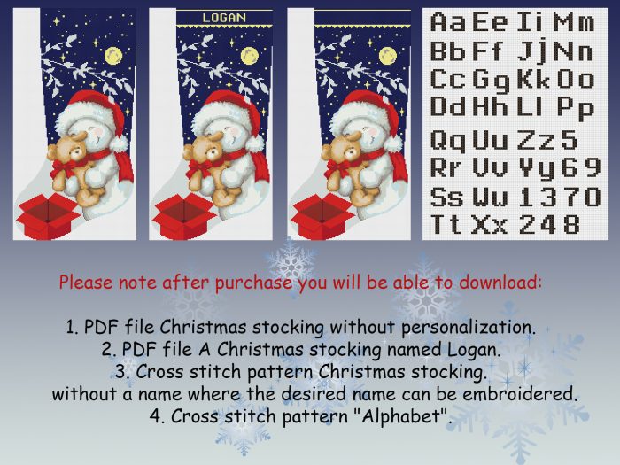 Christmas Stocking Cross Stitch Pattern PDF DIY / Personalized Modern Easy Cute Snowman Bear Cross Stitch for Beginner / Digital Download.