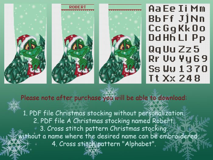 Cross Stitch Pattern Christmas Stocking PDF, Personalized With Name Modern Counted Easy Cute Grinch Holiday Stockings Cross Stitch Chart For Beginners DIY, Digital Download