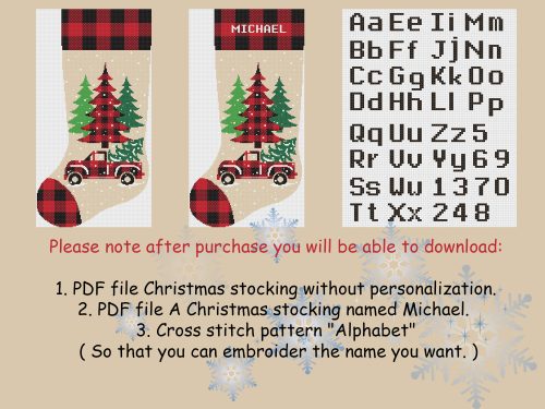 Cross Stitch Pattern PDF / Personalized Christmas Stockings Rustic Red Truck Counted Easy Simple Cute Cross Stitch Chart for Beginners DIY / Digital Download
