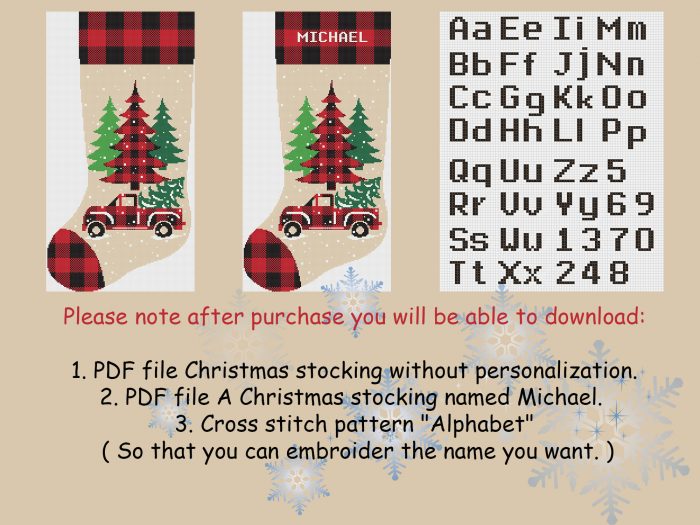 Cross Stitch Pattern PDF / Personalized Christmas Stockings Rustic Red Truck Counted Easy Simple Cute Cross Stitch Chart for Beginners DIY / Digital Download