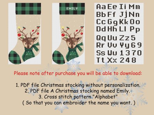 Cross Stitch Pattern PDF / Personalized Rustic Christmas Stocking Cute Funny Deer Counted Easy Simple Cross Stitch Chart for Beginner / Digital Download