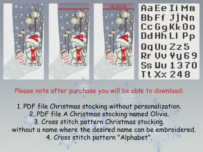Cross Stitch Patterns PDF, Personalized Christmas Stocking With Name Modern Counted Easy Cute Bear Snowman Snowflakes Cross Stitch Chart For Beginners DIY, Digital Download - Image 3