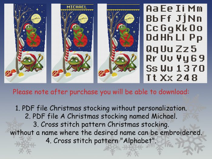 Cross Stitch Patterns PDF, Personalized Christmas Stockings Modern Counted Easy Funny Cute Frogs, Cross Stitch Beginner DIY, Digital Download