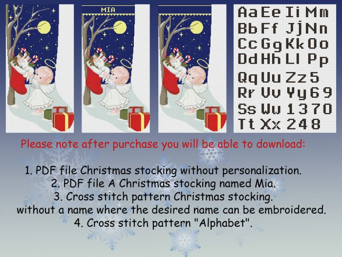 Christmas Stockings Cross Stitch Pattern PDF, Personalized Modern Counted Easy Cute Angel, Cat Cross Stitch For Beginner, Digital Download