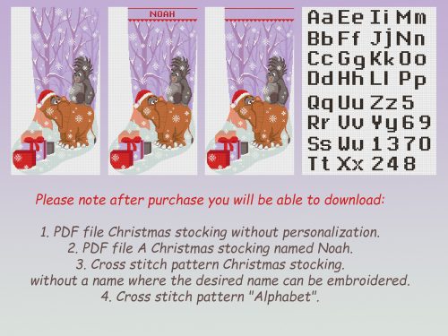 Cross Stitch Pattern Christmas Stocking PDF Modern Counted Easy Cute Elephant , Monkey Simple Cross Stitch for Beginner , Instant Download