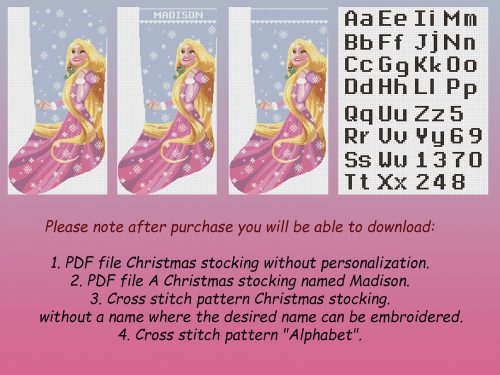 Cross Stitch Patterns Christmas Stocking PDF , Modern Counted Easy Cute Princess , Cross Stitch Chart for Beginners DIY , Etsy Instant Download