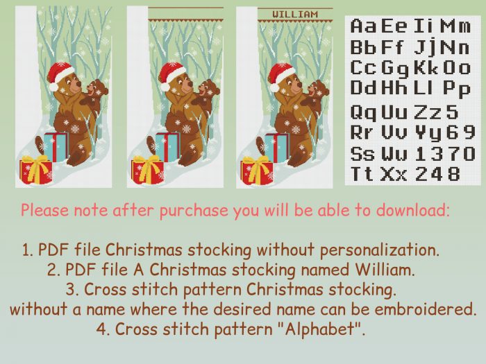 Cross Stitch Stocking Patterns PDF, Personalized Christmas Counted Easy Simple Green Holiday Stockings, Cute Bears Winter Design DIY, Digital Download