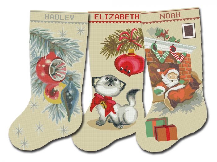 Cross Stitch Patterns, Personalized Christmas Stocking PDF, Counted Vintage Design for Beginner, Easy Cute Santa Claus, Funny Cat, Retro Ornaments DIY, To Download