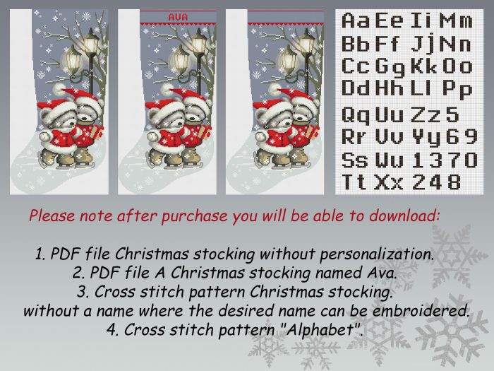 Cross Stitch Stocking Patterns PDF, 2 Personalized Modern Counted Easy Cute Christmas Teddy Bears Simple For Beginners DIY, Digital Download - Image 2