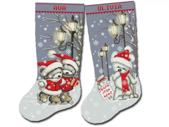 Cross Stitch Stocking Patterns PDF, 2 Personalized Modern Counted Easy Cute Christmas Teddy Bears Simple For Beginners DIY, Digital Download
