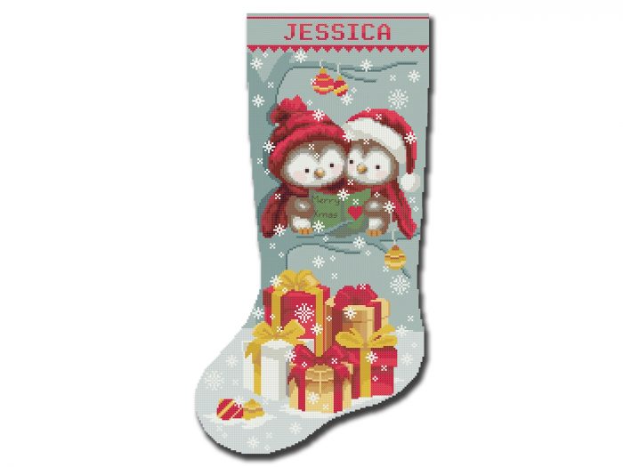 Christmas Stocking Cross Stitch Patterns PDF, Personalized Modern Counted Easy Cute Xmas Owls, Simple Chart For Beginners DIY, Digital Download