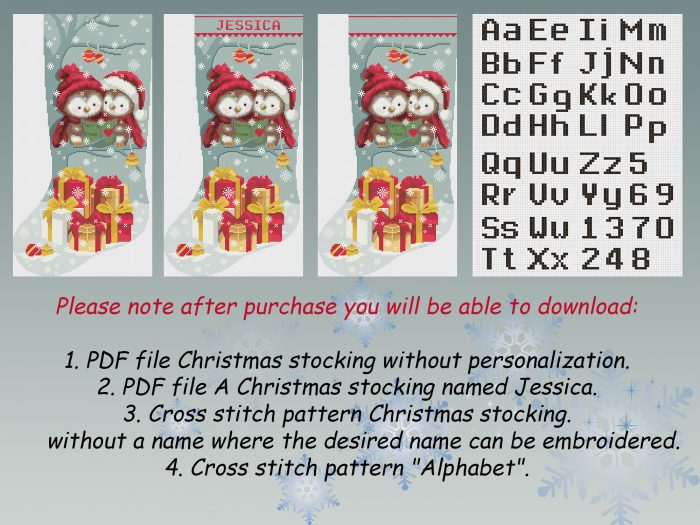 Christmas Stocking Cross Stitch Patterns PDF, Personalized Modern Counted Easy Cute Xmas Owls, Simple Chart For Beginners DIY, Digital Download - Image 2