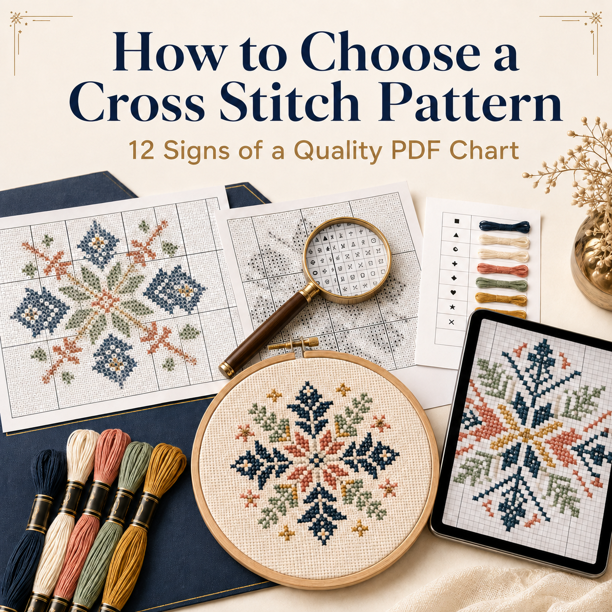 Quality cross stitch PDF pattern with clear symbol charts, floss key, digital chart and finished embroidery