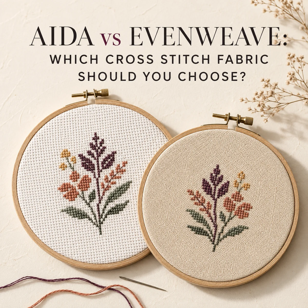 Aida vs evenweave cross stitch fabric comparison with two embroidery hoops and botanical motifs