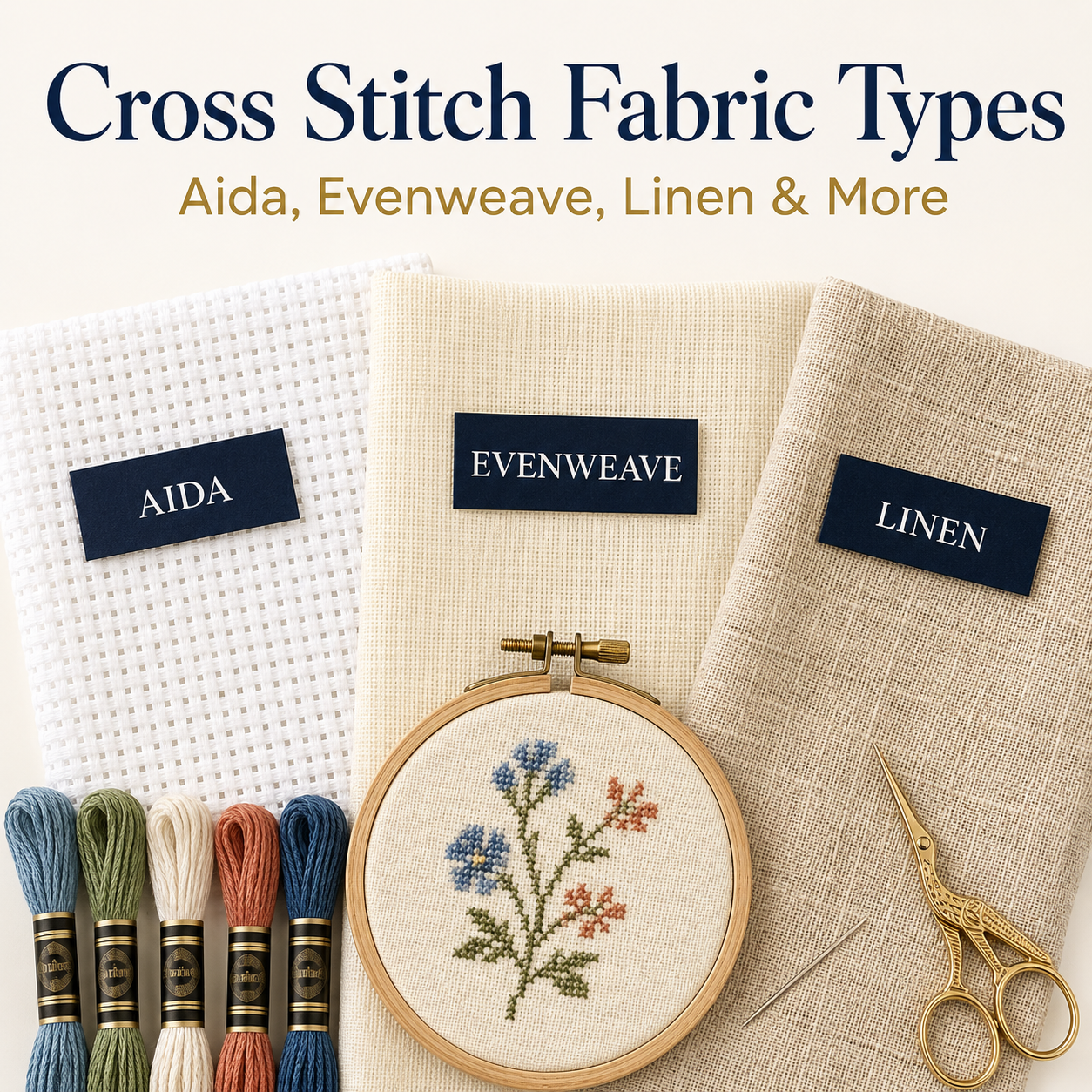 Cross stitch fabric types comparison showing Aida, evenweave and linen with embroidery supplies