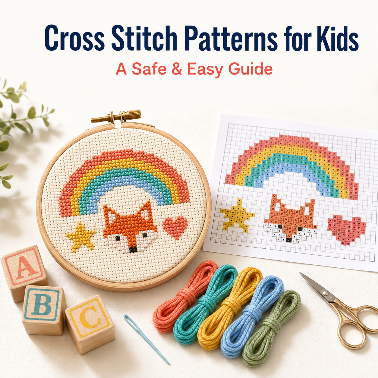 Simple cross stitch patterns for kids with a rainbow, fox, chart and colourful embroidery floss