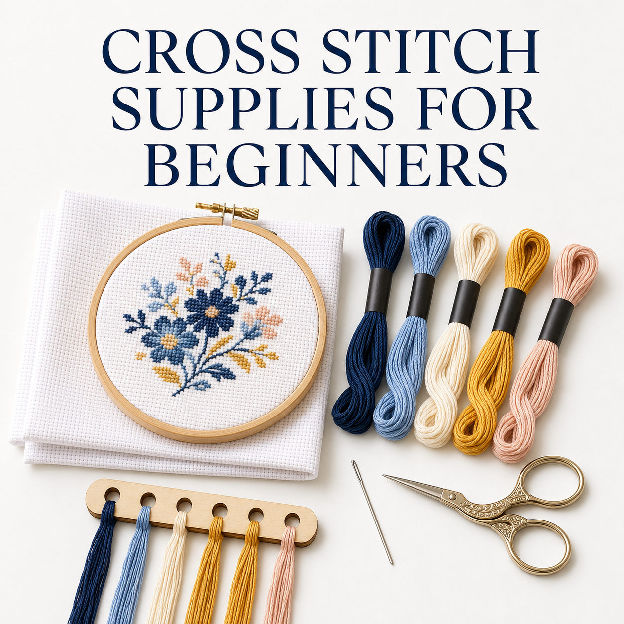 Essential cross stitch supplies for beginners including Aida fabric, embroidery floss, hoop, tapestry needle and scissors