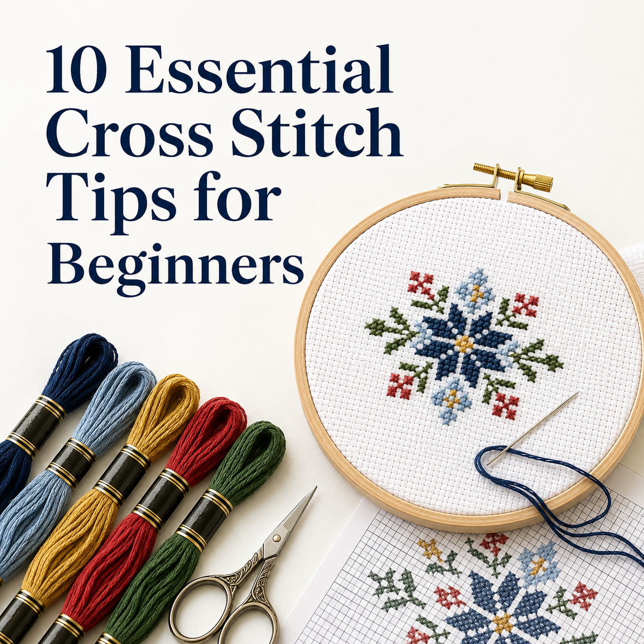10 essential cross stitch tips for beginners with Aida fabric, embroidery floss and hoop