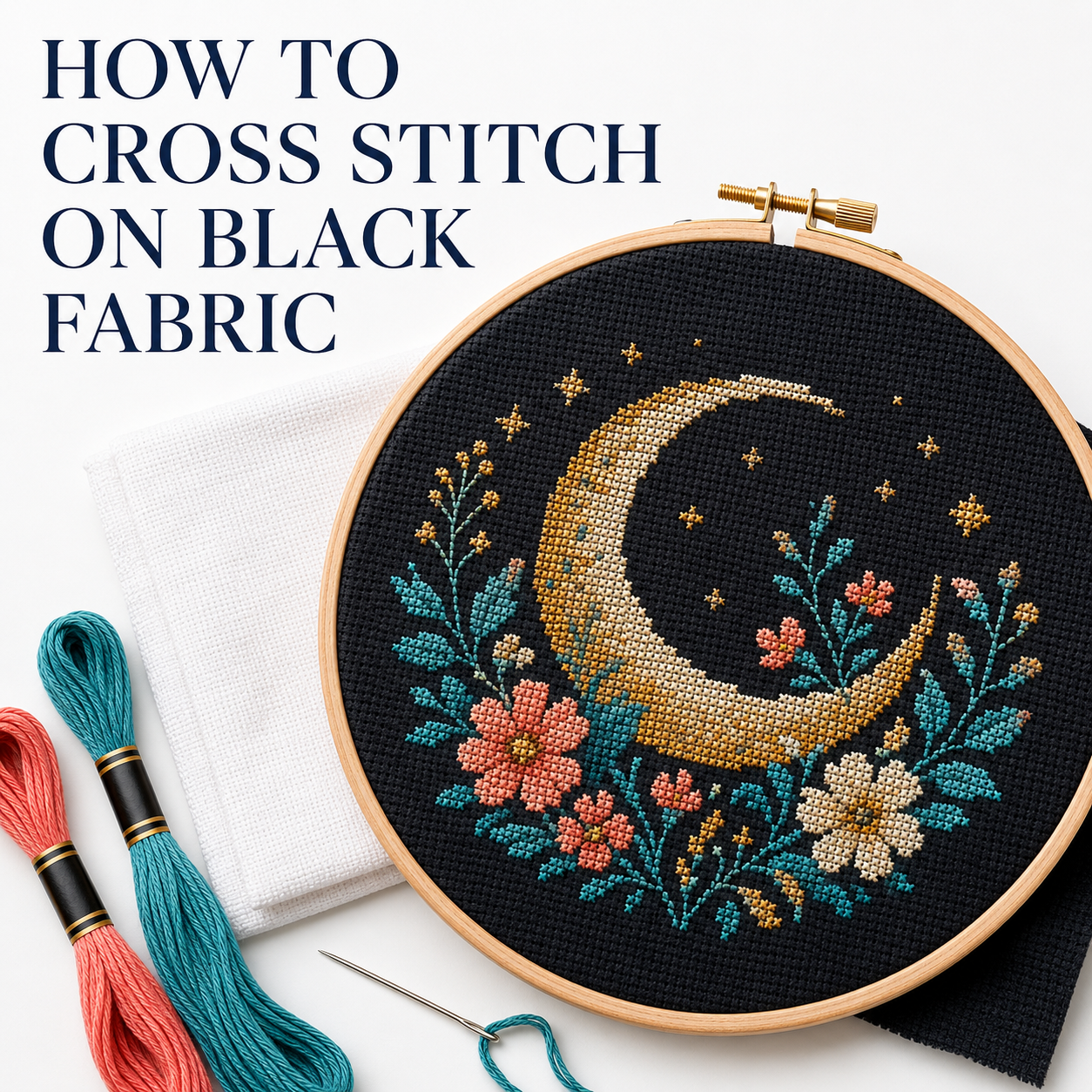 How to cross stitch on black fabric using bright light and a white background to see the Aida holes