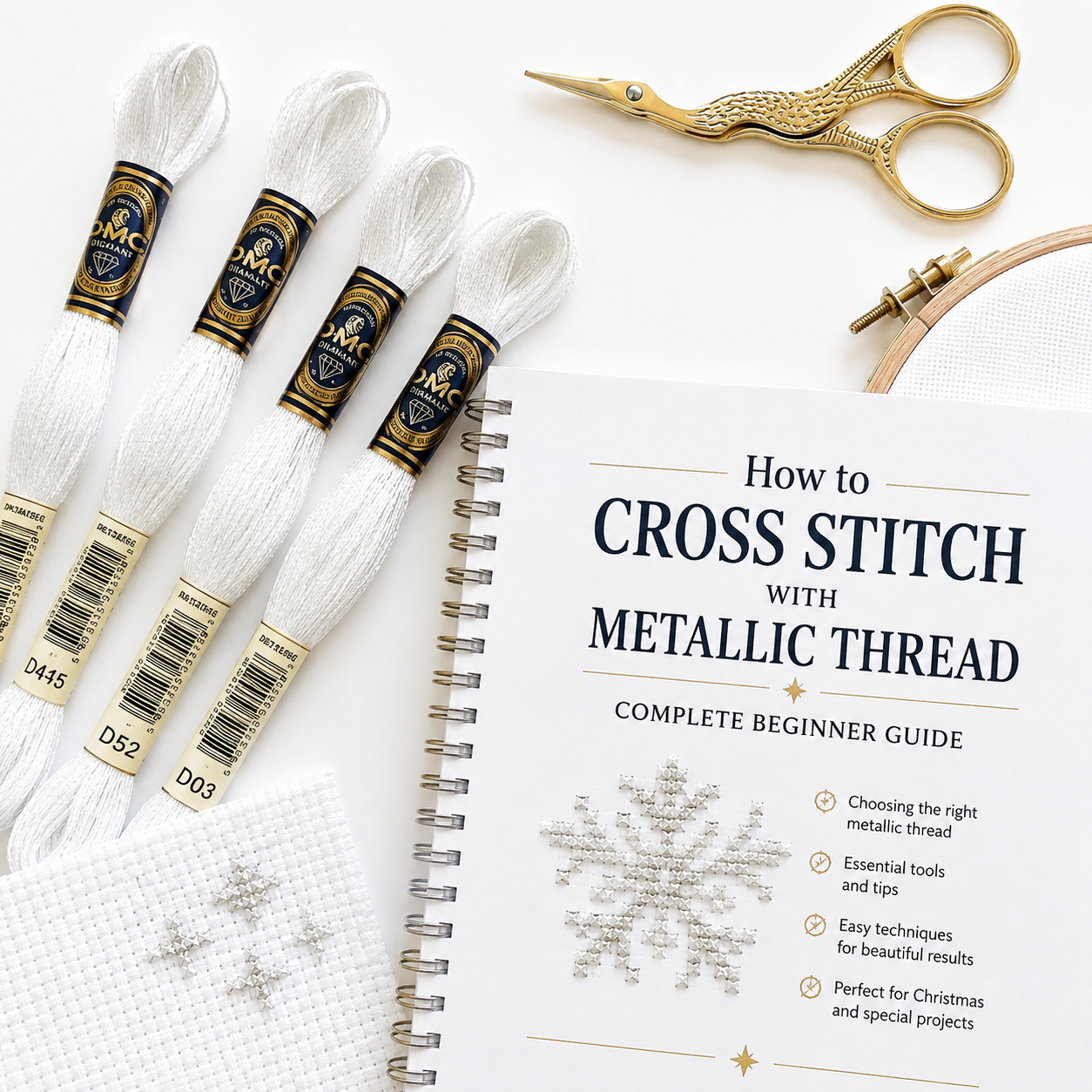 White metallic embroidery threads, cross stitch fabric and scissors for a beginner guide to cross stitching with metallic thread