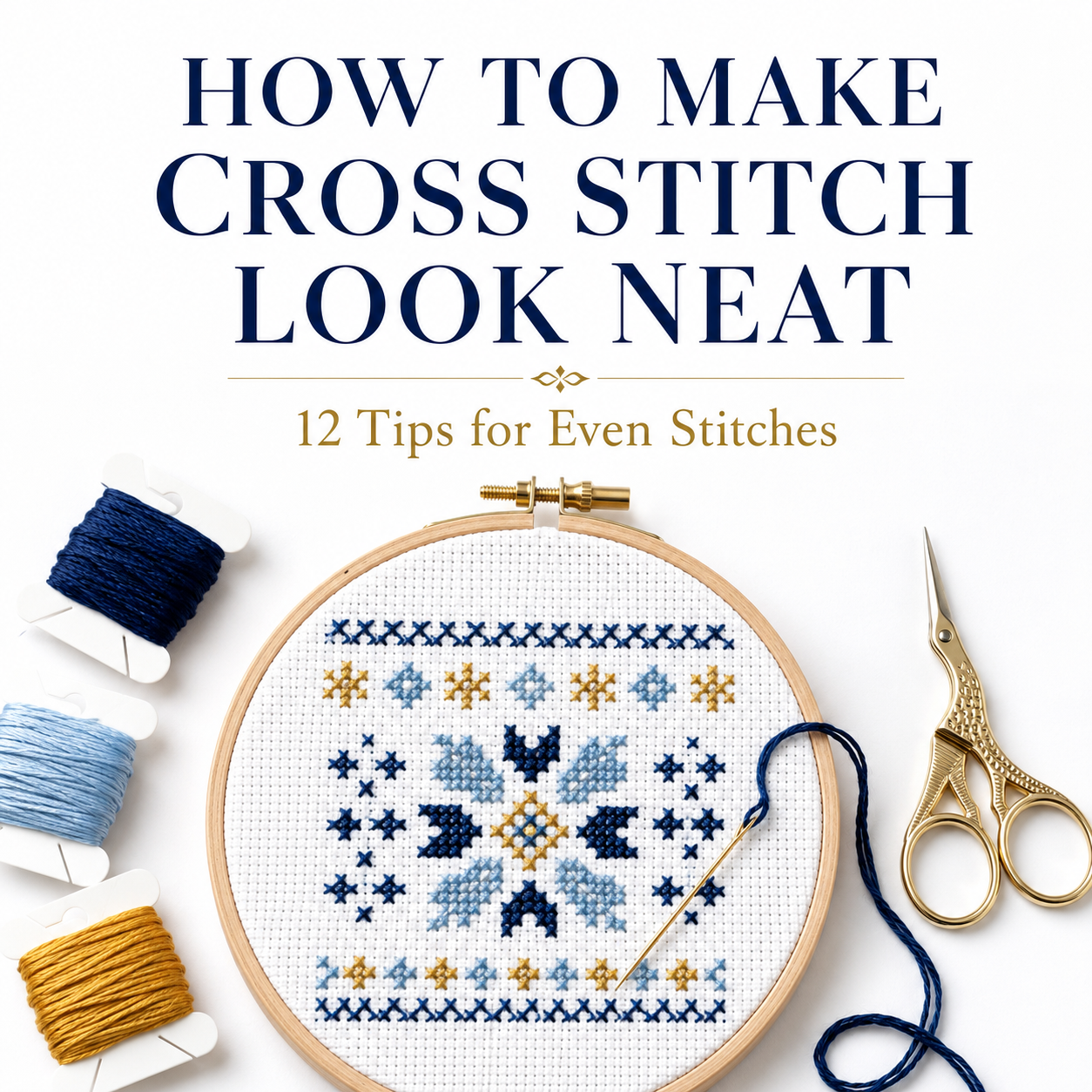 Neat and even cross stitches in an embroidery hoop with floss, needle and embroidery scissors
