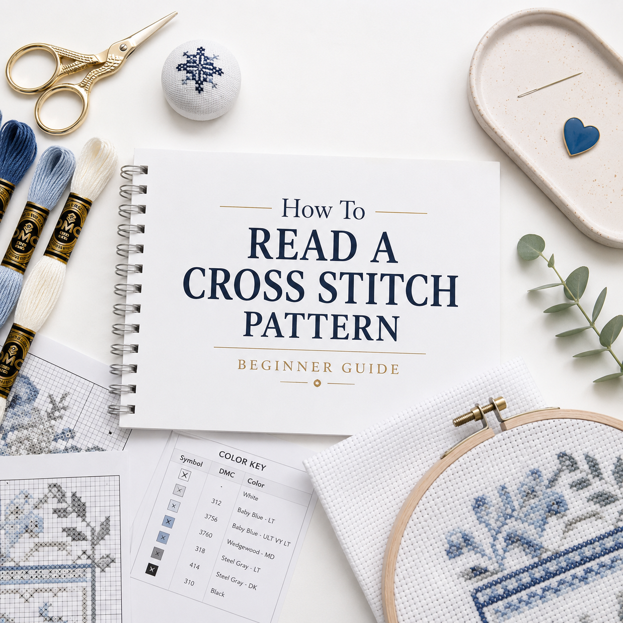 How to read a cross stitch pattern beginner guide with chart symbols, color key, embroidery hoop, Aida fabric, floss and scissors