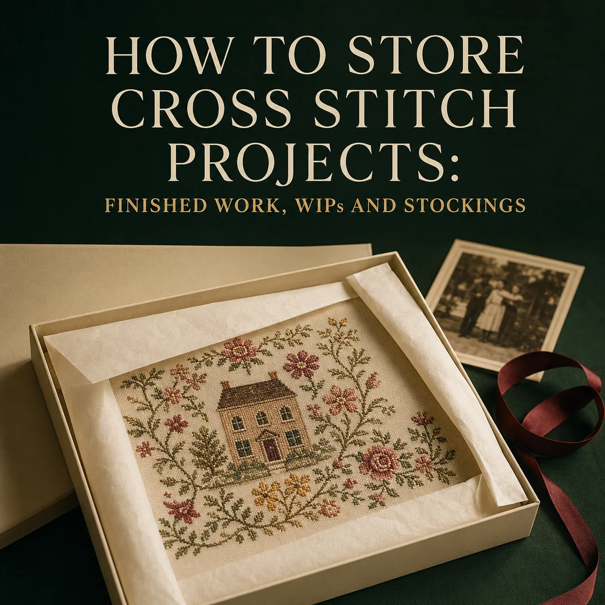 Finished cross stitch stored flat in acid-free tissue inside an archival box for long-term preservation