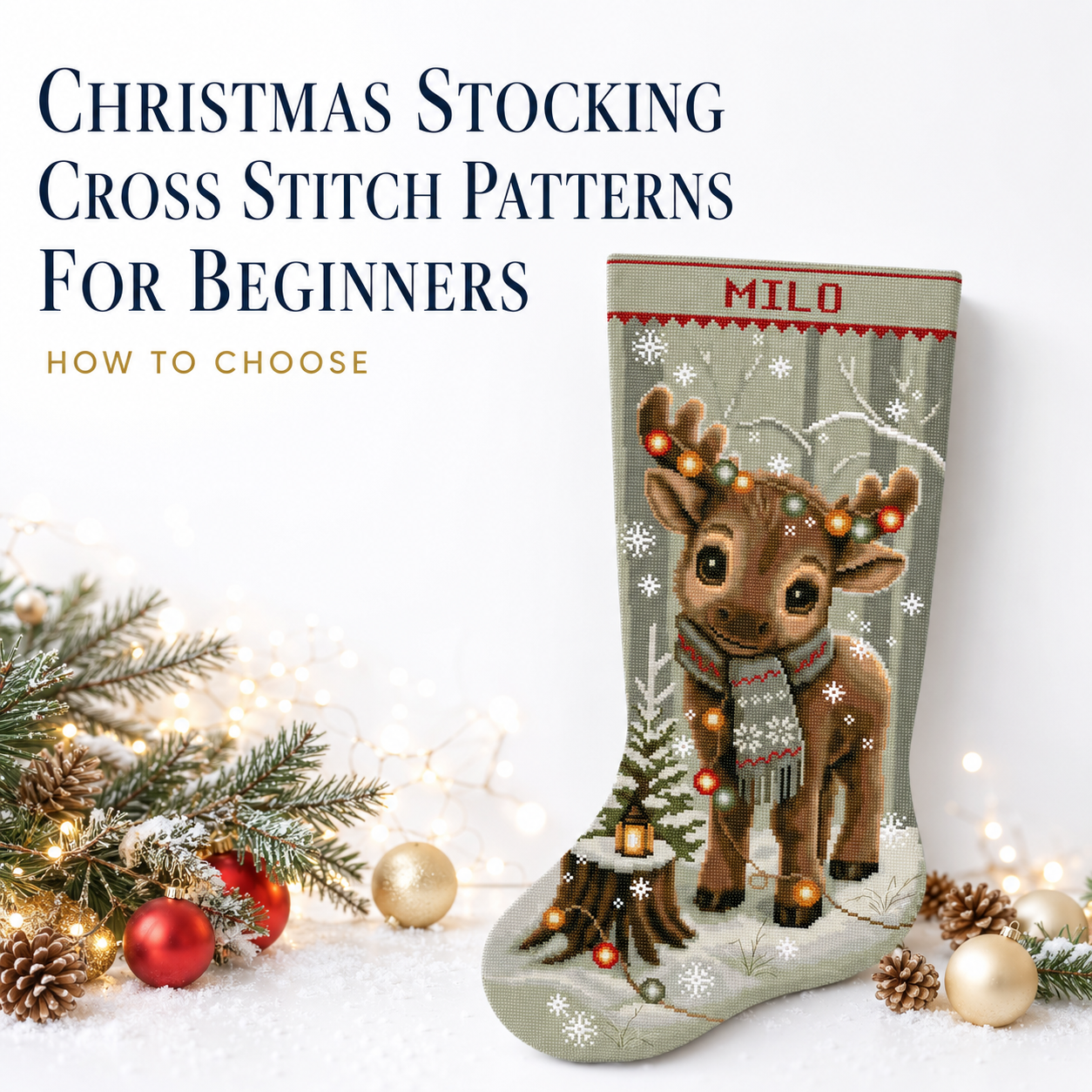 Personalized reindeer Christmas stocking cross stitch pattern for beginners with festive lights and ornaments