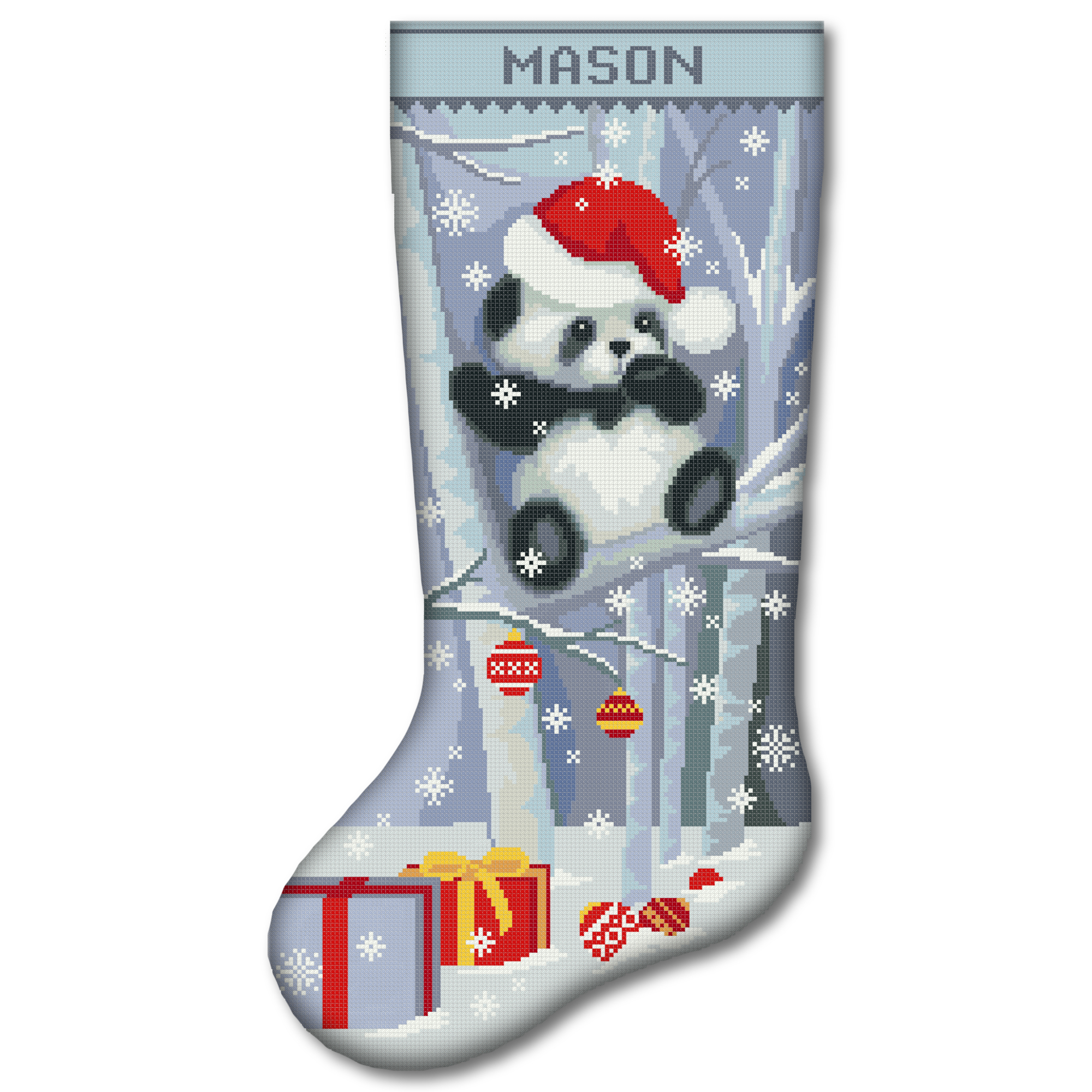 Personalized panda Christmas stocking stamped cross stitch kit with pre-printed fabric, easy beginner-friendly holiday embroidery kit, DIY Christmas stocking with cute panda bear, Santa hat, winter forest, snowflakes, ornaments, gifts and custom name.