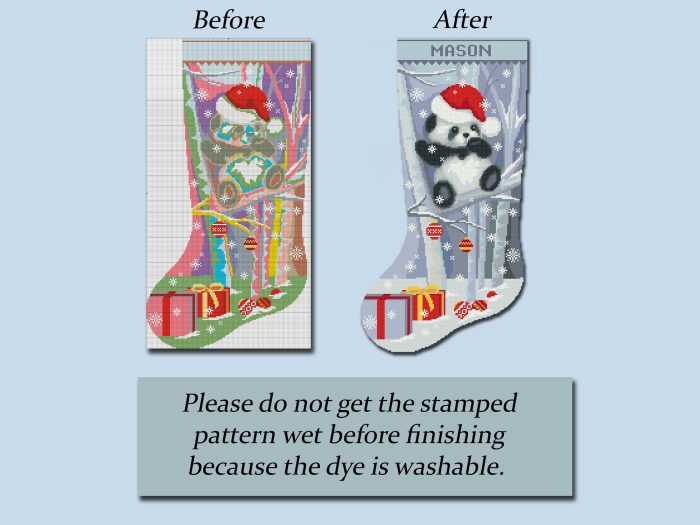 Personalized panda Christmas stocking stamped cross stitch kit with gifts and snow – beginner-friendly holiday embroidery DIY.
