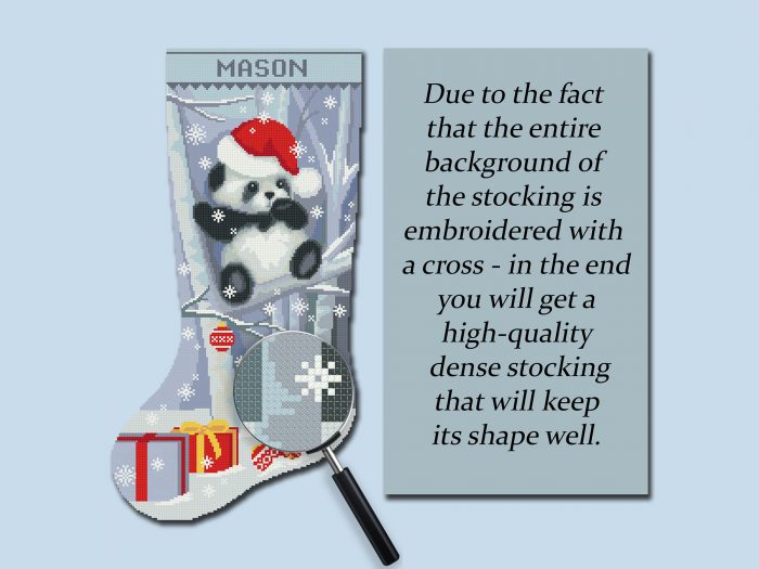 Personalized panda Christmas stocking stamped cross stitch kit with gifts and snow – beginner-friendly holiday embroidery DIY.