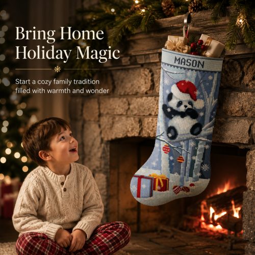 Personalized panda Christmas stocking stamped cross stitch kit with pre-printed fabric, easy beginner-friendly holiday embroidery kit, DIY Christmas stocking with cute panda bear, Santa hat, winter forest, snowflakes, ornaments, gifts and custom name.