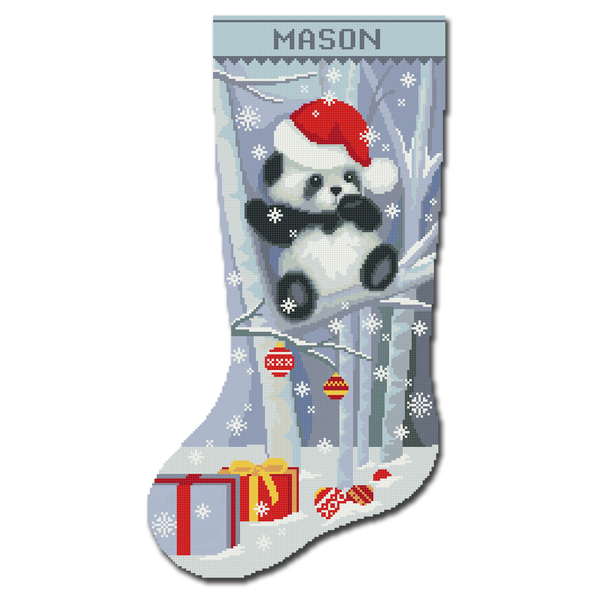 Personalized panda Christmas stocking stamped cross stitch kit with gifts and snow – beginner-friendly holiday embroidery DIY.