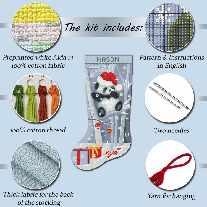Personalized panda Christmas stocking stamped cross stitch kit with gifts and snow – beginner-friendly holiday embroidery DIY.