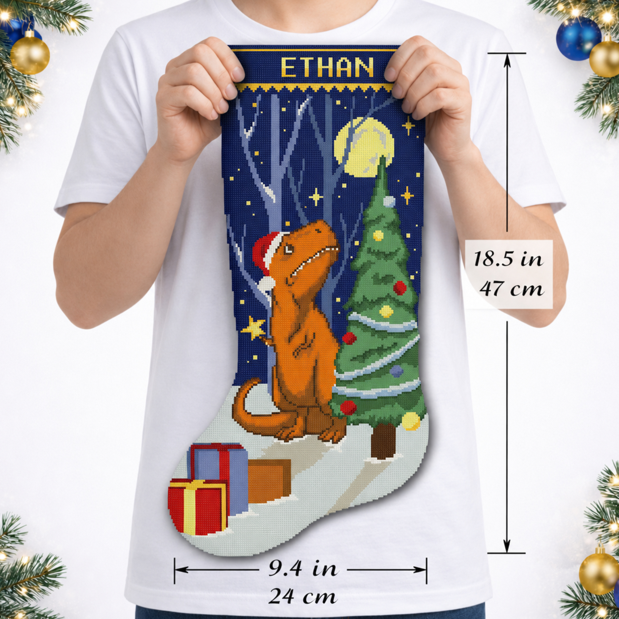 Personalized Stamped Christmas Stockings β Cute Xmas Dinosaur Cross Stitch Kit for Adults, Easy Counted Needlepoint Patterns for Beginners, DIY Holiday Embroidery 6 Personalized dinosaur Christmas stocking stamped cross stitch kit with pre-printed fabric, easy beginner-friendly holiday embroidery kit, funny Christmas dinosaur with Santa hat, Christmas tree, gifts, moon, snow and custom name.