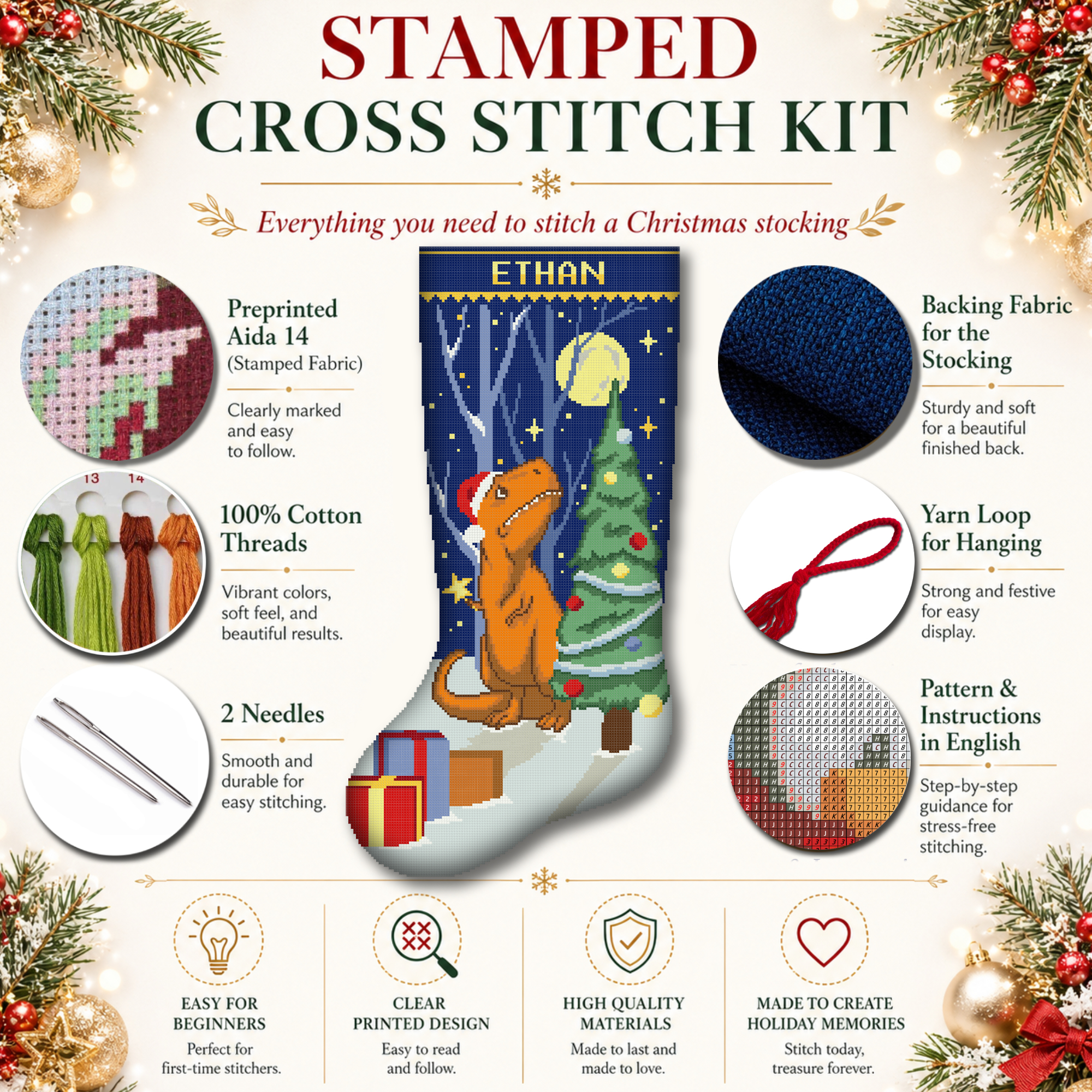 Personalized Stamped Christmas Stockings β Cute Xmas Dinosaur Cross Stitch Kit for Adults, Easy Counted Needlepoint Patterns for Beginners, DIY Holiday Embroidery 4 Personalized Stamped Christmas Stockings β Cute Xmas Dinosaur Cross Stitch Kit for Adults, Easy Counted Needlepoint Patterns for Beginners, DIY Holiday Embroidery - Image 3