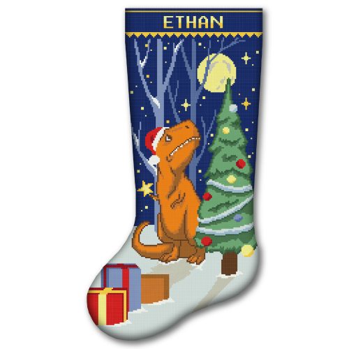 Personalized dinosaur Christmas stocking stamped cross stitch kit with pre-printed fabric, easy beginner-friendly holiday embroidery kit, funny T-Rex Christmas stocking with Santa hat, Christmas tree, gifts, moon, snow and custom name.