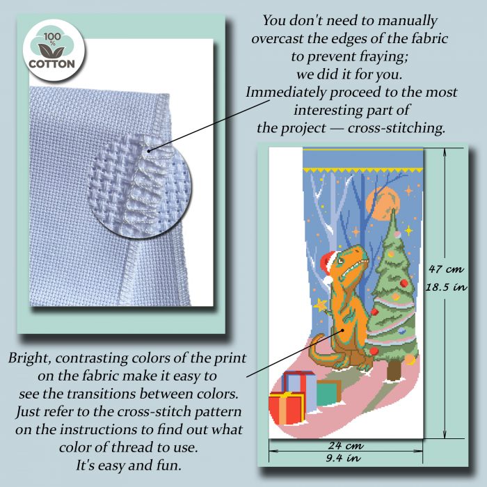 Cross Stitch Kits for Adults, Stamped Personalized Christmas Stockings Cute Xmas Dinosaur Needlepoint Counted Easy Simple Cross-Stitch Patterns for Beginners, Embroidery Kit for Holiday Home Decor DIY