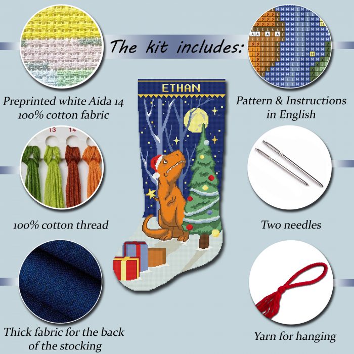 Cross Stitch Kits for Adults, Stamped Personalized Christmas Stockings Cute Xmas Dinosaur Needlepoint Counted Easy Simple Cross-Stitch Patterns for Beginners, Embroidery Kit for Holiday Home Decor DIY