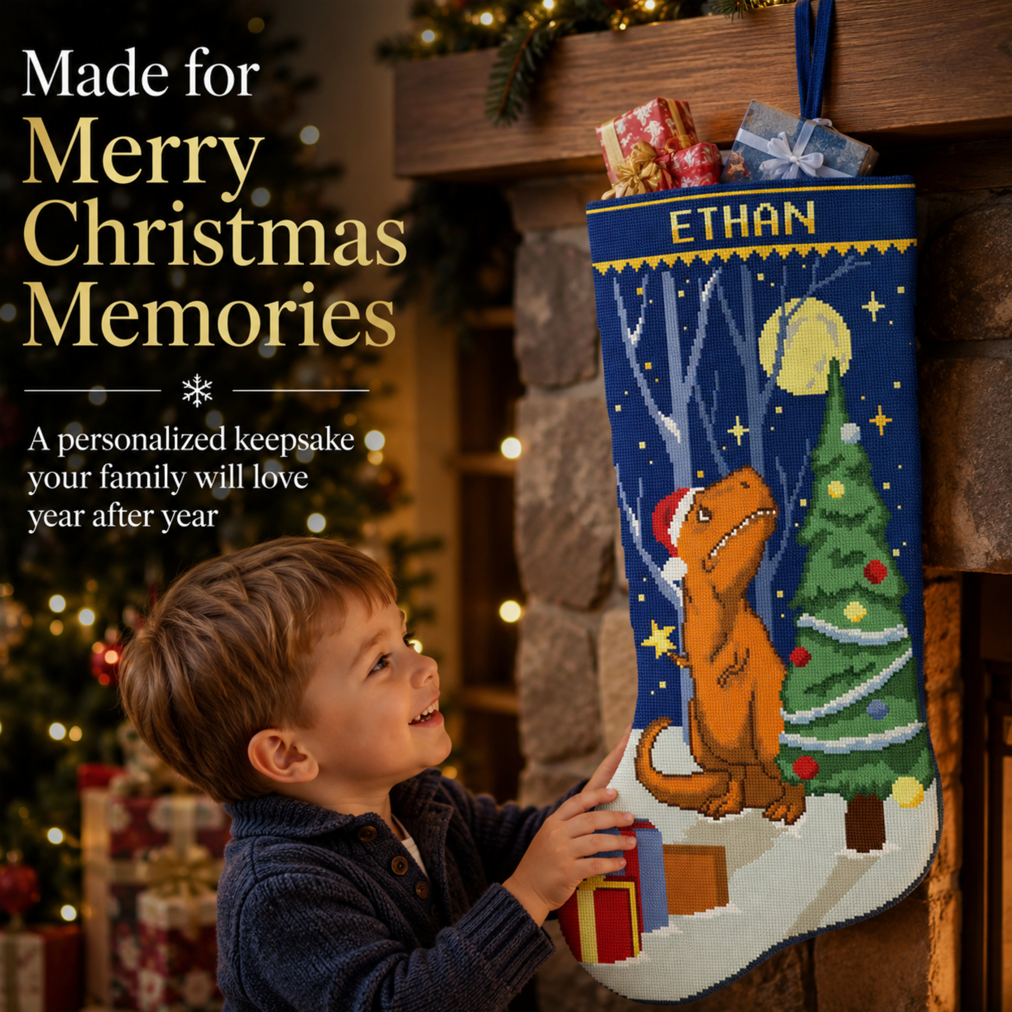 Personalized Stamped Christmas Stockings β Cute Xmas Dinosaur Cross Stitch Kit for Adults, Easy Counted Needlepoint Patterns for Beginners, DIY Holiday Embroidery 3 Personalized dinosaur Christmas stocking stamped cross stitch kit with pre-printed fabric, easy beginner-friendly holiday embroidery kit, funny Christmas dinosaur with Santa hat, Christmas tree, gifts, moon, snow and custom name.