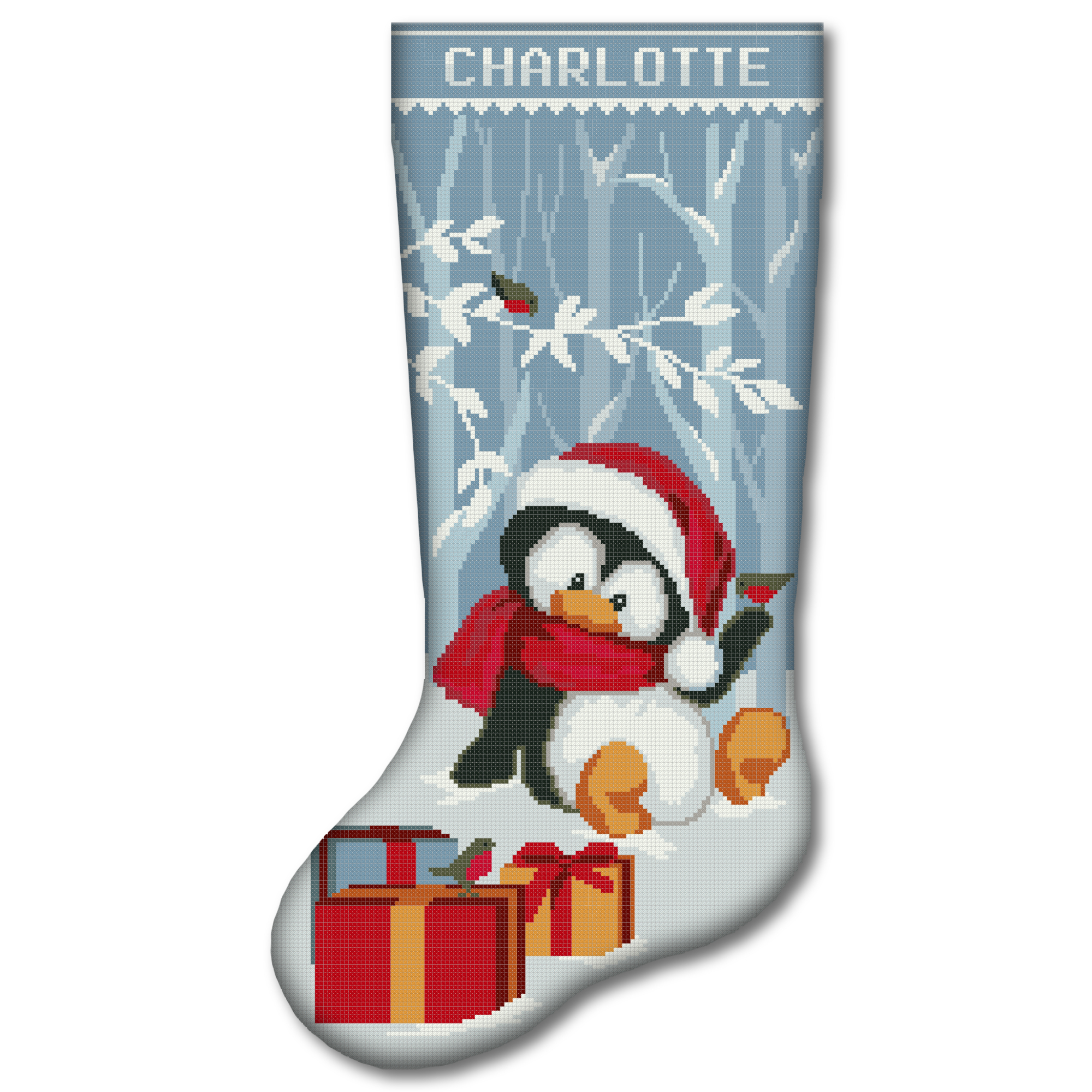 Personalized penguin Christmas stocking stamped cross stitch kit with pre-printed fabric, easy beginner-friendly holiday embroidery kit, DIY Christmas stocking with cute blue winter penguin, Santa hat, red scarf, Christmas gifts, snowy forest and custom name.