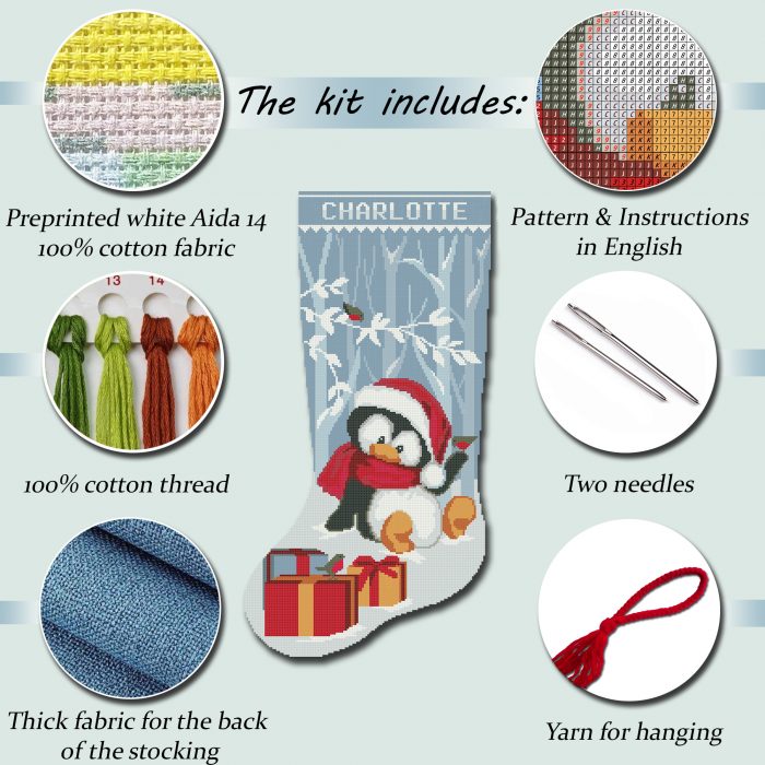 Cute Penguin stamped cross stitch Christmas stocking kit for beginners and counted cross stitch lovers – DIY embroidery set 18 inch
