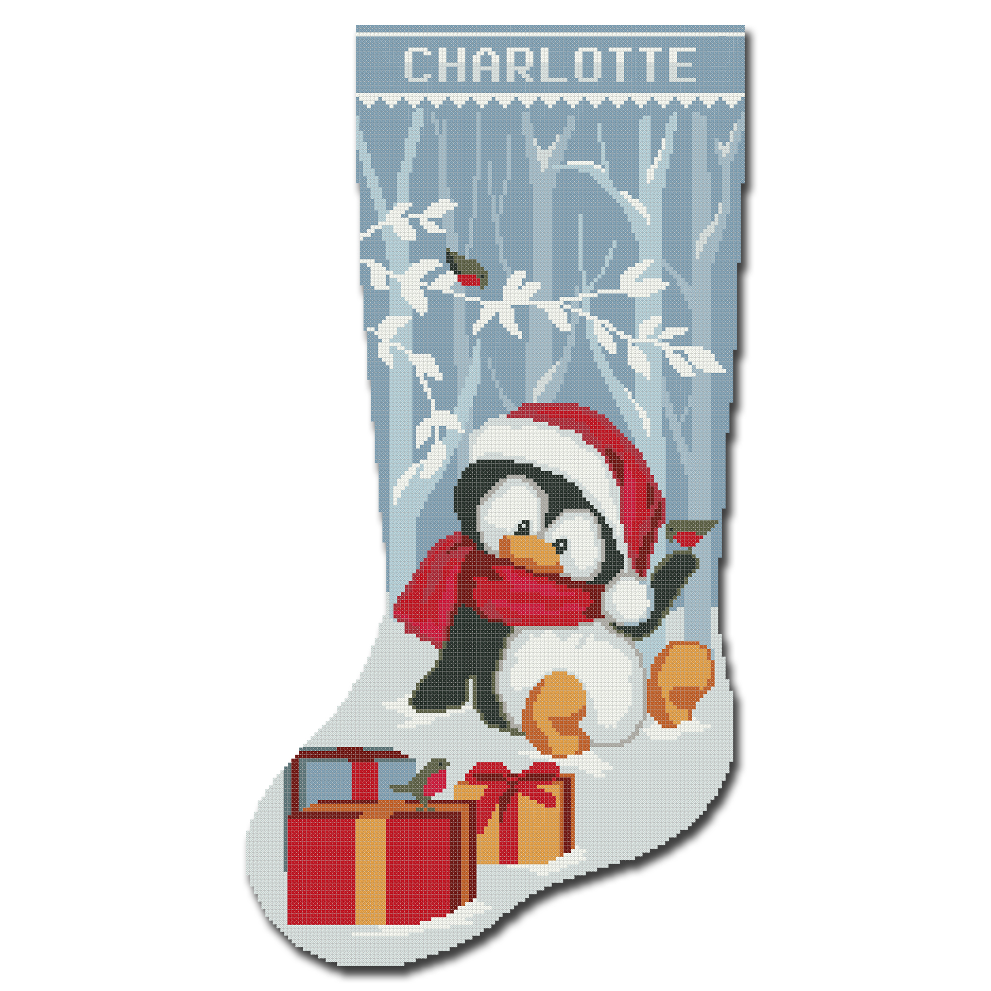 Cute Penguin stamped cross stitch Christmas stocking kit for beginners and counted cross stitch lovers – DIY embroidery set 18 inch