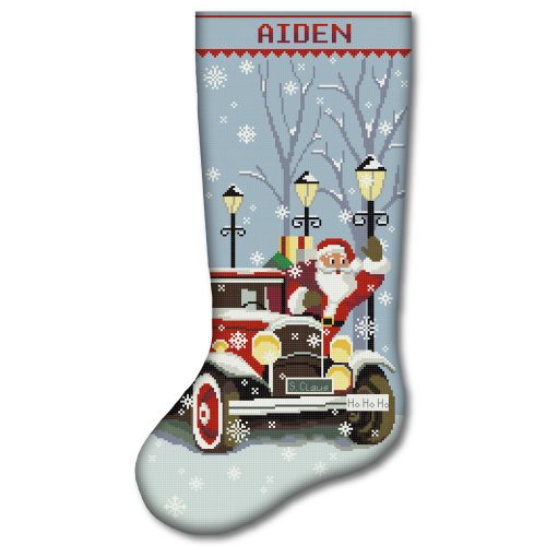 Personalized Santa red truck Christmas stocking stamped cross stitch kit with pre-printed fabric, easy beginner-friendly holiday embroidery kit, DIY Christmas stocking with Santa Claus, vintage red truck, snowflakes, street lamps and custom name.