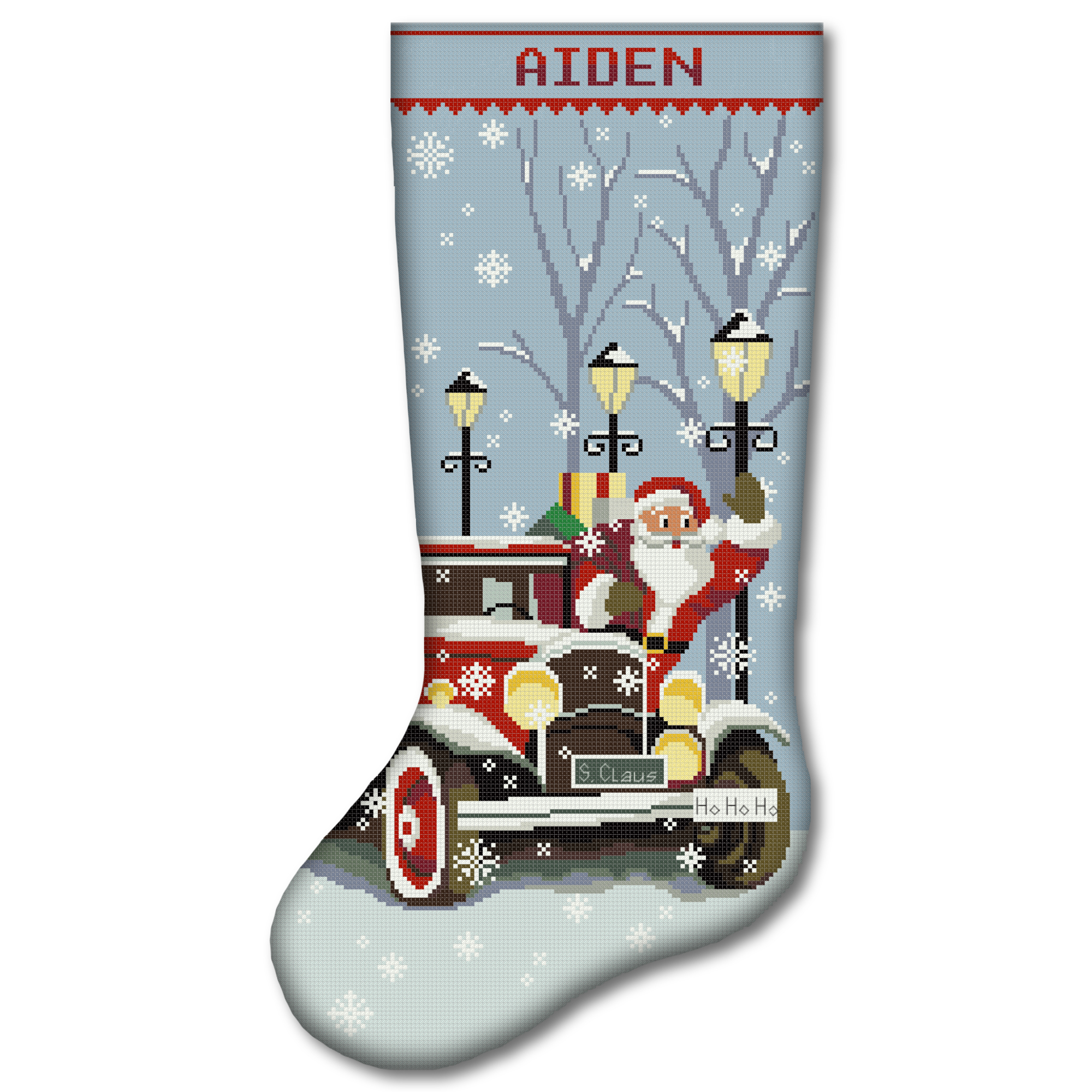 Cross Stitch Kits for Adults Stamped Personalized Christmas Stockings Cute Santa Claus Red Truck Needlepoint Counted Easy Cross-Stitch Patterns for Beginners, Embroidery Kit for Holiday Home Decor DIY 24 Personalized Santa red truck Christmas stocking stamped cross stitch kit with pre-printed fabric, easy beginner-friendly holiday embroidery kit, DIY Christmas stocking with Santa Claus, vintage red truck, snowflakes, street lamps and custom name.